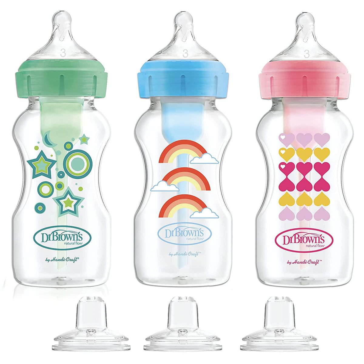 Dr. Brown's Natural Flow Anti-Colic Options+ Wide-Neck Sippy Bottle Starter Kit, 9oz/270mL, 3pack, Green Blue Pink