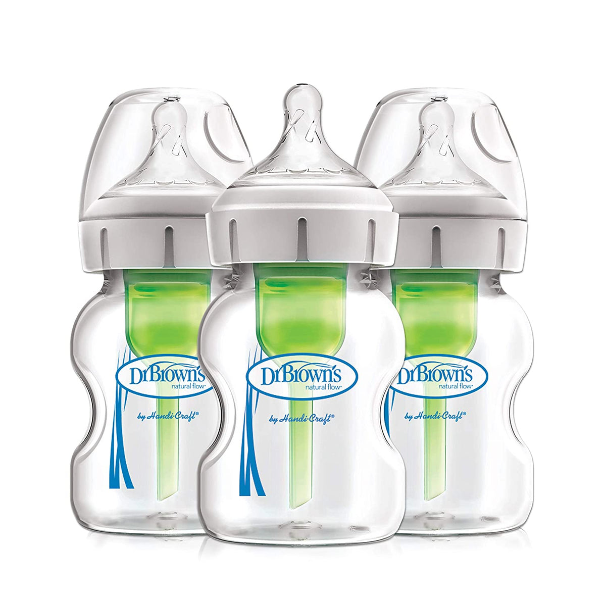 Dr. Brown's Natural Flow Anti-Colic Options+ Wide-Neck Glass Baby Bottles 5oz/150 mL, with Level 1 Slow Flow Nipple, 3 Pack, 0m+