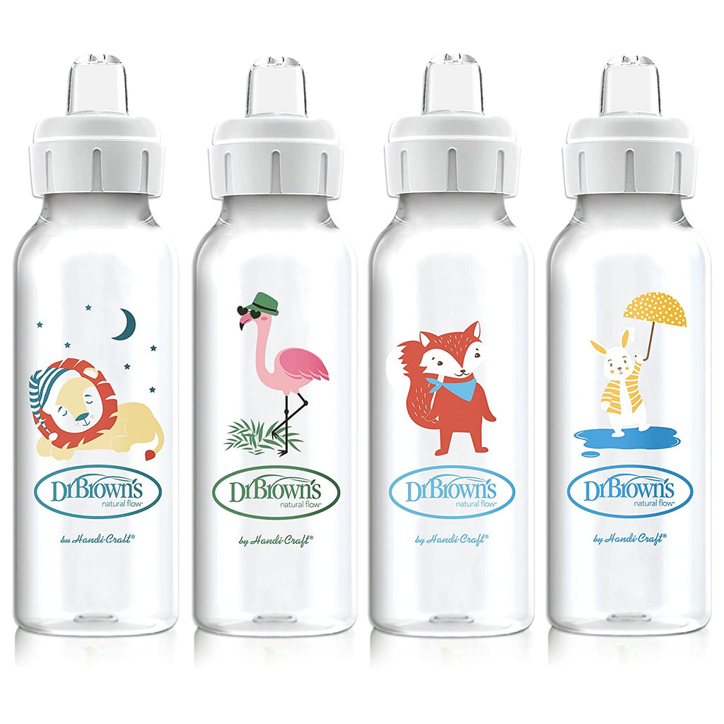 Dr. Brown’s Milestones Narrow Sippy Bottle, 100% Silicone Soft Sippy Spout, 8oz/250mL, Lion, Flamingo, Fox, & Bunny, 6m+
