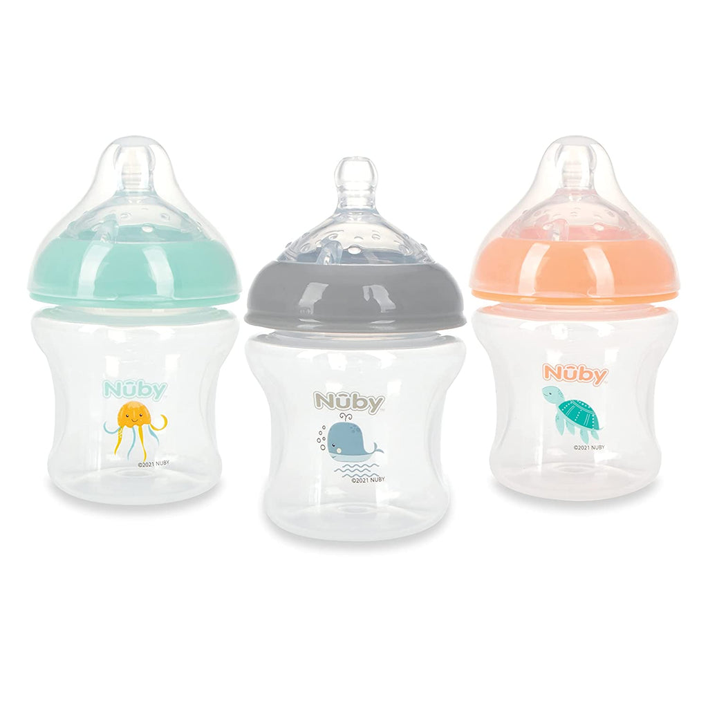 Nuby Infant Baby Bottles with Slow Flow Nipple, 3 Pack, 6oz, Boy
