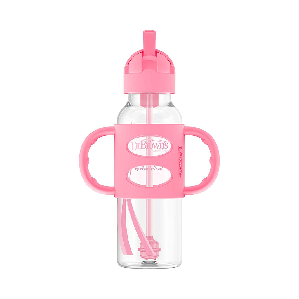 Dr. Brown’s Milestones Narrow Sippy Straw Bottle with 100% Silicone Handles, 8oz/250mL, Pink, 1 Pack, 6m+