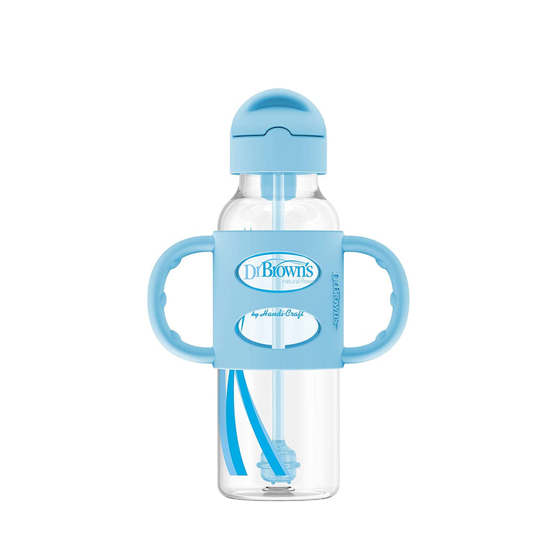 Dr. Brown's Milestones Narrow Sippy Straw Bottle with 100% Silicone Handles, 8oz/250mL, Blue, 1 Pack, 6m+
