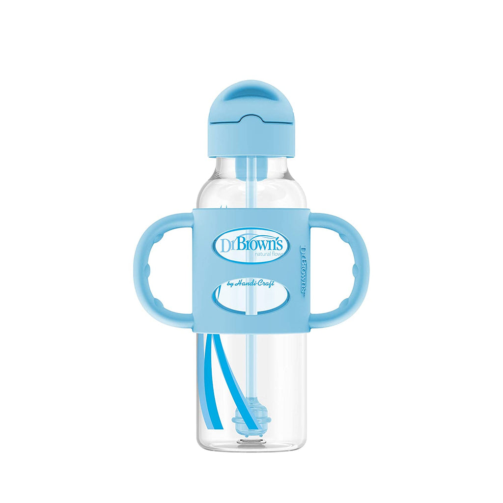 Dr. Brown’s Milestones Narrow Sippy Straw Bottle with 100% Silicone Handles, 8oz/250mL, Blue, 1 Pack, 6m+