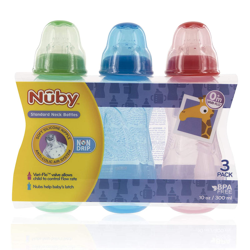 NUBY BPA Free Non Drip Bottles, 10oz, 3 Pack, Red/Blue/Green