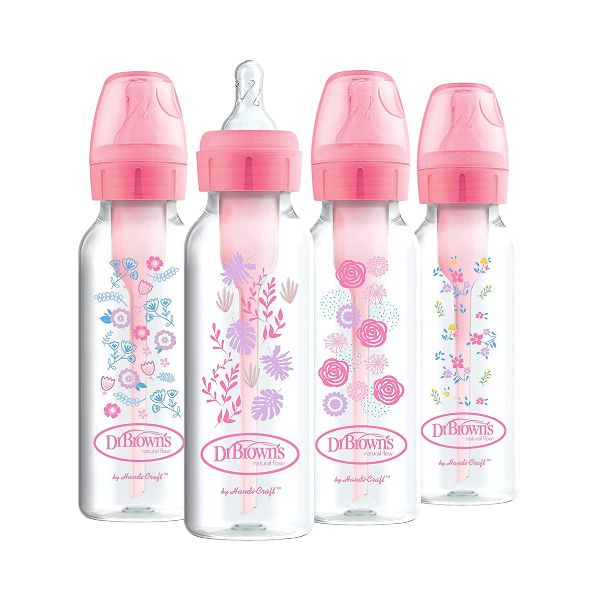 Dr. Brown's Natural Flow Anti-Colic Options+ Baby Bottles 8 oz, 4 Pack, Pink Flowers