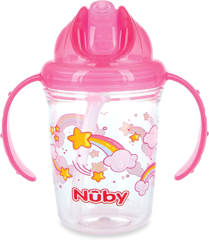 NUBY Tritan 2-Handle No-Spill Flip-it Fat Straw Printed Cup - 8oze/ 240 ml, 12+ Months, prints: Rainbow