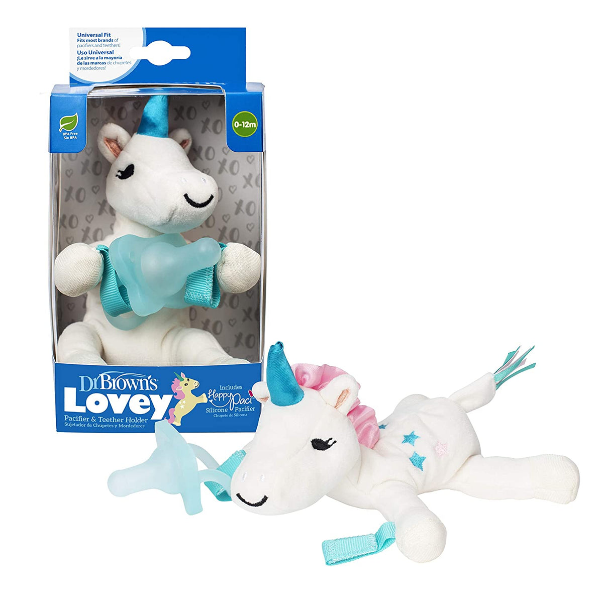 Dr. Brown's Baby Lovey Pacifier Holder & Teether Clip, Soft Plush Stuffed Animal Unicorn Pacifier Tether with Teal