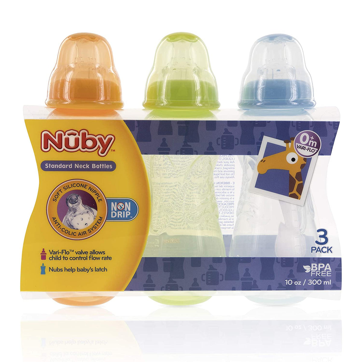 NUBY BPA Free Non Drip Bottles, 10oz, 3 Pack, Orange/Green/Aqua