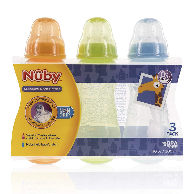 NUBY BPA Free Non Drip Bottles, 10oz, 3 Pack, Orange/Green/Aqua