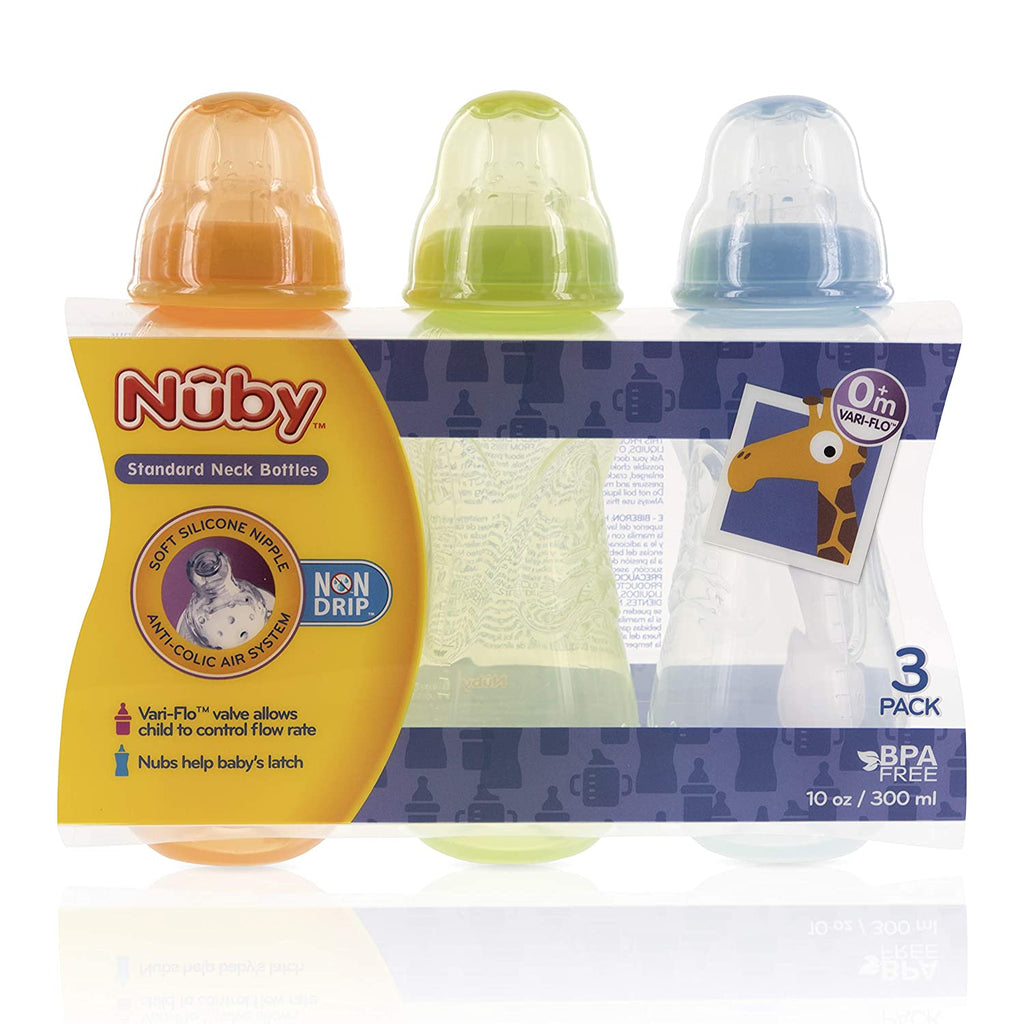 Nuby BPA FREE Non Drip Bottles, 10oz, 3 Pack, Orange/Green/Aqua