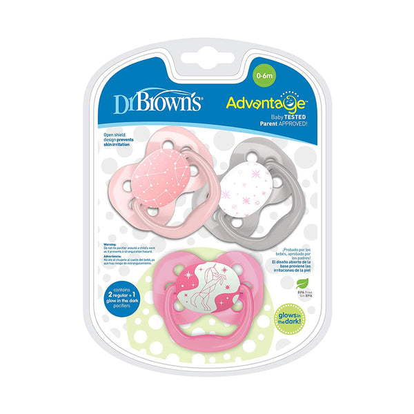 Dr. Brown's Advantage Symmetrical Pacifier with Air Flow - Pink Glow-in-the-Dark - 3-Pack - 0-6m