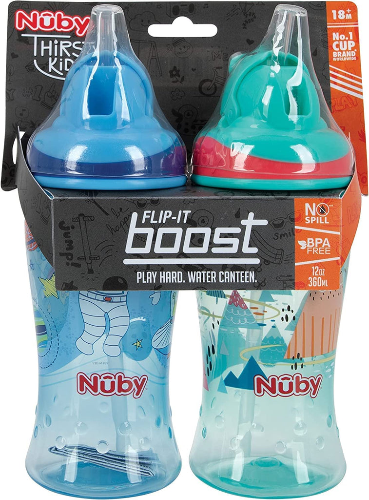 Nuby Thirsty Kids No-Spill Flip-it Printed Boost Cup with Thin Soft St –