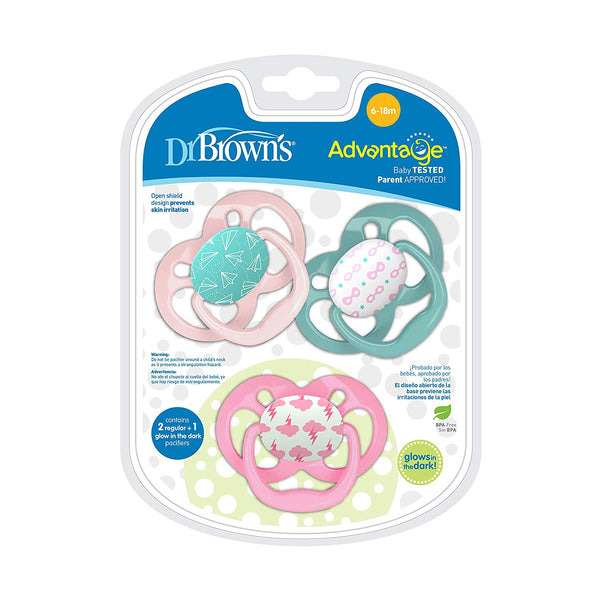 Dr. Brown's Advantage Symmetrical Pacifier with Air Flow - Pink Glow-in-the-Dark - 3-Pack - 6-18m