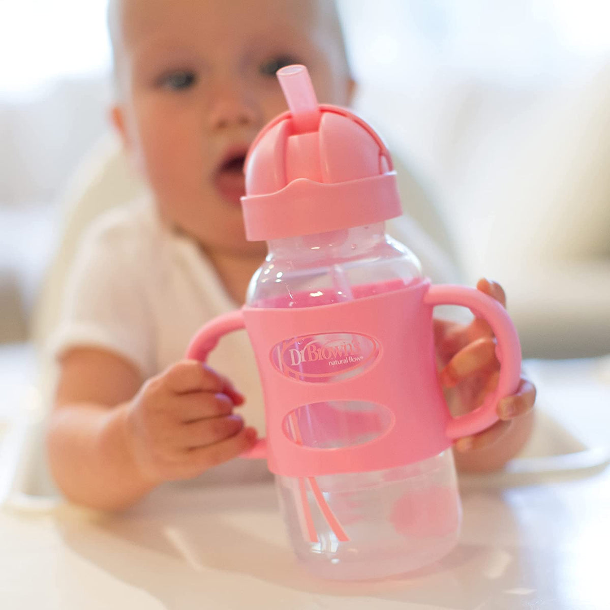 Dr. Brown's Milestones Wide-Neck Sippy Straw Bottle with Silicone Handles, 9oz, Pink, 1 Pack, 6m+
