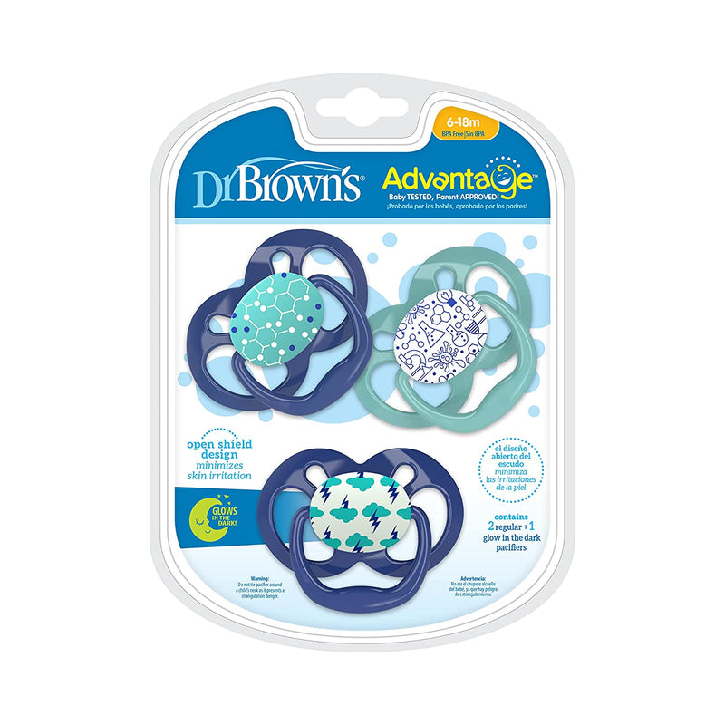 Dr. Brown's Advantage Symmetrical Pacifier with Air Flow - Blue Glow-in-the-Dark - 3 Pack - 6-18m