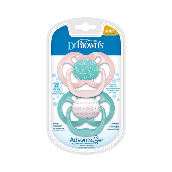 Dr. Brown's Advantage Reversible Baby Pacifier, Breathable Open Shield for Max Airflow, Rounded Bulb, Pink, 2-Pack, 6-18m