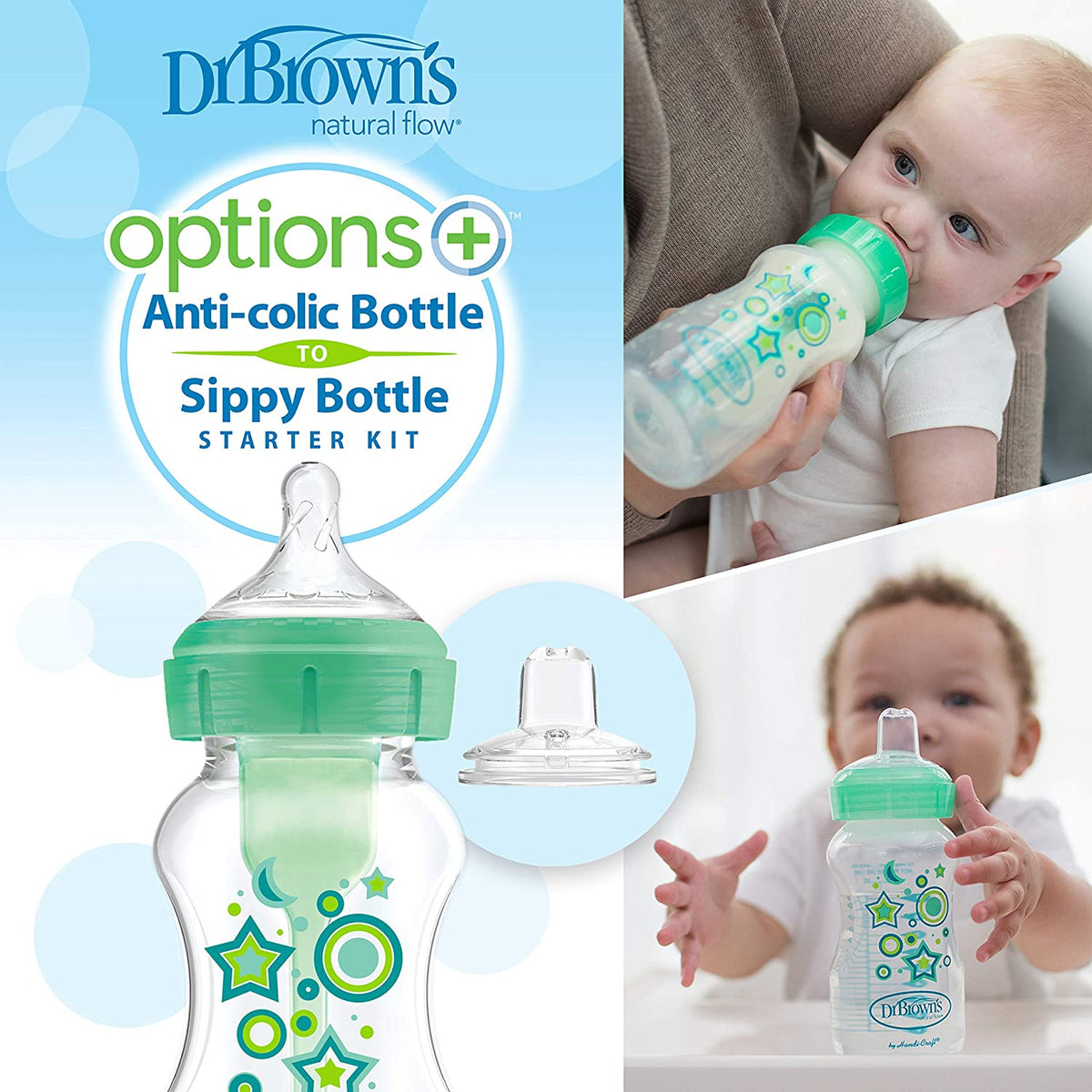 Dr. Brown's Natural Flow Anti-Colic Options+ Wide-Neck Sippy Bottle Starter Kit, 9oz/270mL, 2pack, Green