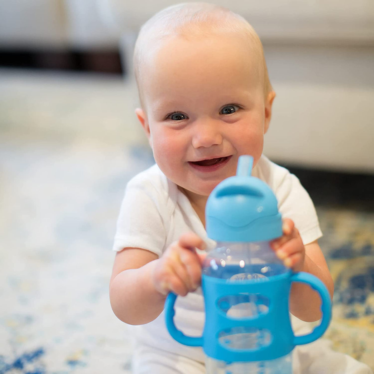 Dr. Brown's Milestones Wide-Neck Sippy Straw Bottle with Silicone Handles, 9oz, Blue, 1 Pack, 6m+