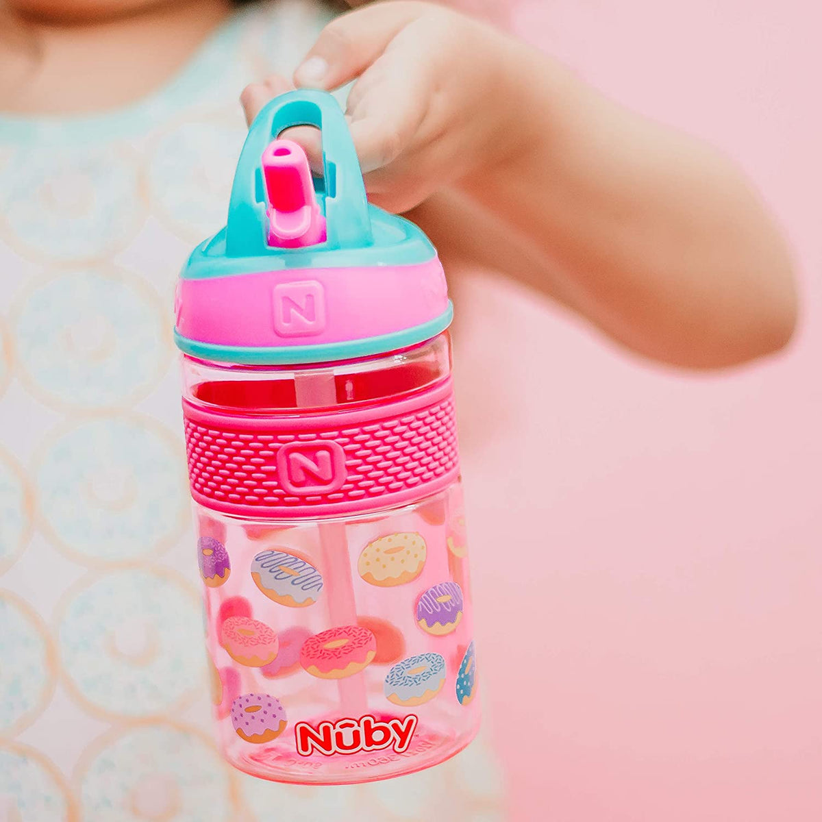 Nuby Thirsty Kids Flip-it On the Go Water Bottle with Bite Resistant Hard Straw Cup, Pink Donuts, 12 Ounce