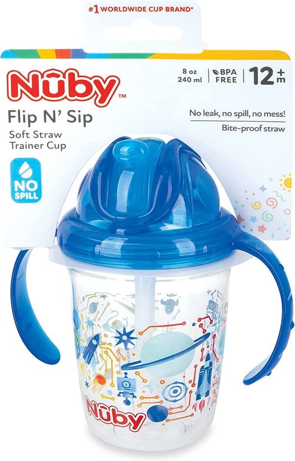 Nuby Tritan 2-Handle No-Spill Flip-it Fat Straw Printed Cup - 8oz/ 240 ml, 12+ Months, prints: space