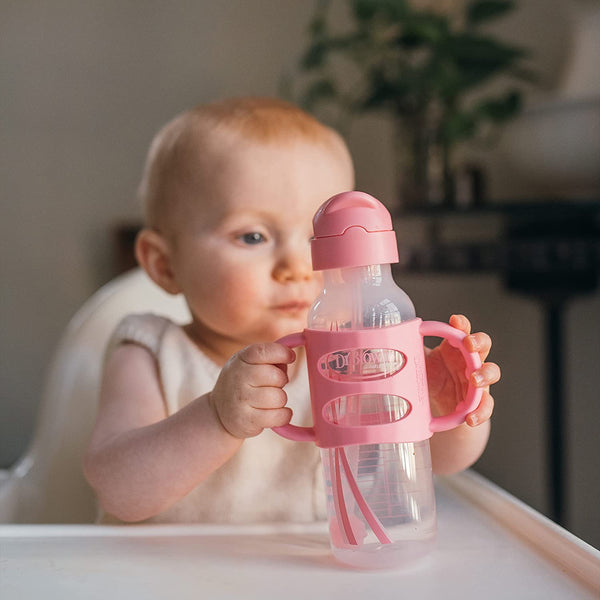 Dr. Brown’s Milestones Narrow Sippy Straw Bottle with 100% Silicone Handles, 8oz/250mL, Gray & Pink, 2 Pack, 6m+