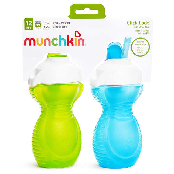 Munchkin Click Lock Flip Straw Cup, Blue/Green, 9 Ounce, 2 Count