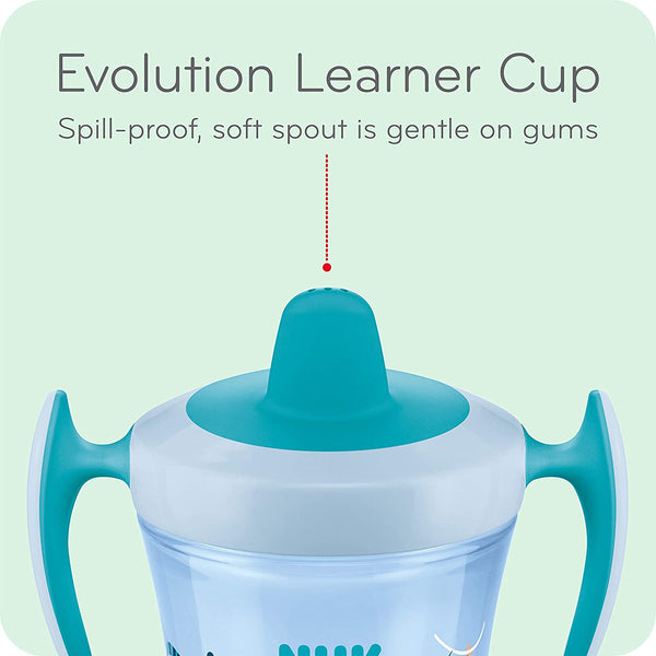 NUK Evolution Soft Spout Learner Cup, 8 oz, Green Stars, 2 pack