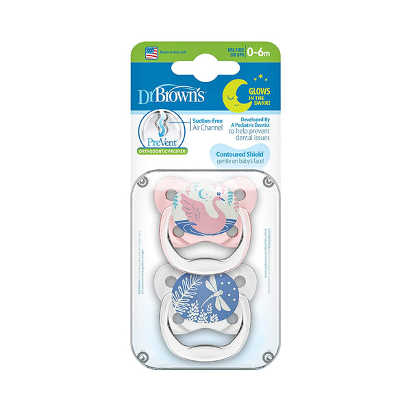 Dr. Brown's PreVent Orthodontic Baby Pacifier, Stage 1, 0-6m, 2-Pack, Glow in the Dark - Pink