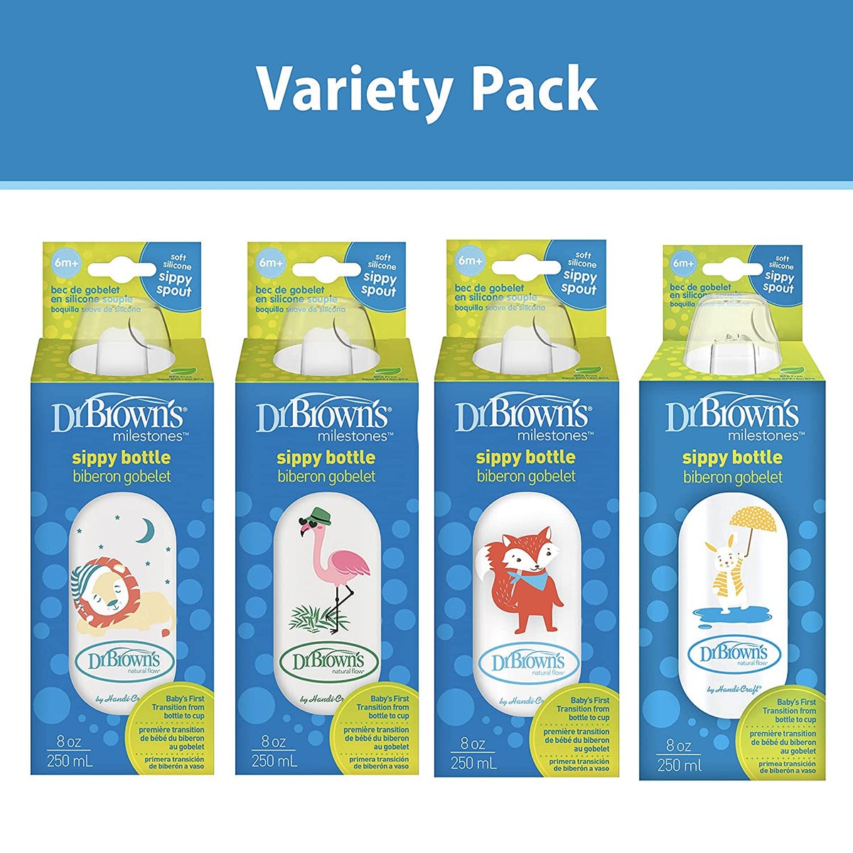 Dr. Brown's Milestones Narrow Sippy Bottle, 100% Silicone Soft Sippy Spout, 8oz/250mL, Lion, Flamingo, Fox, & Bunny, 6m+