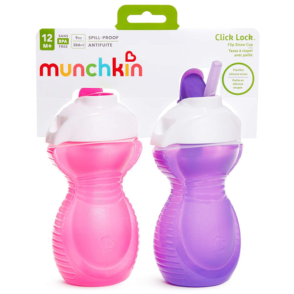Munchkin Click Lock Flip Straw Cup, Pink/Purple, 9 Ounce, 2 Count