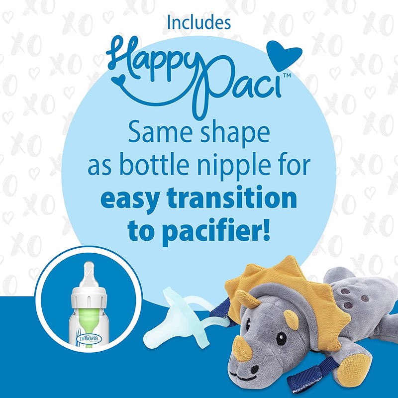 Dr. Brown's Baby Lovey Pacifier Holder & Teether Clip, Soft Plush Stuffed Animal Triceratops Pacifier Tether with Teal HappyPaci, 0-12m