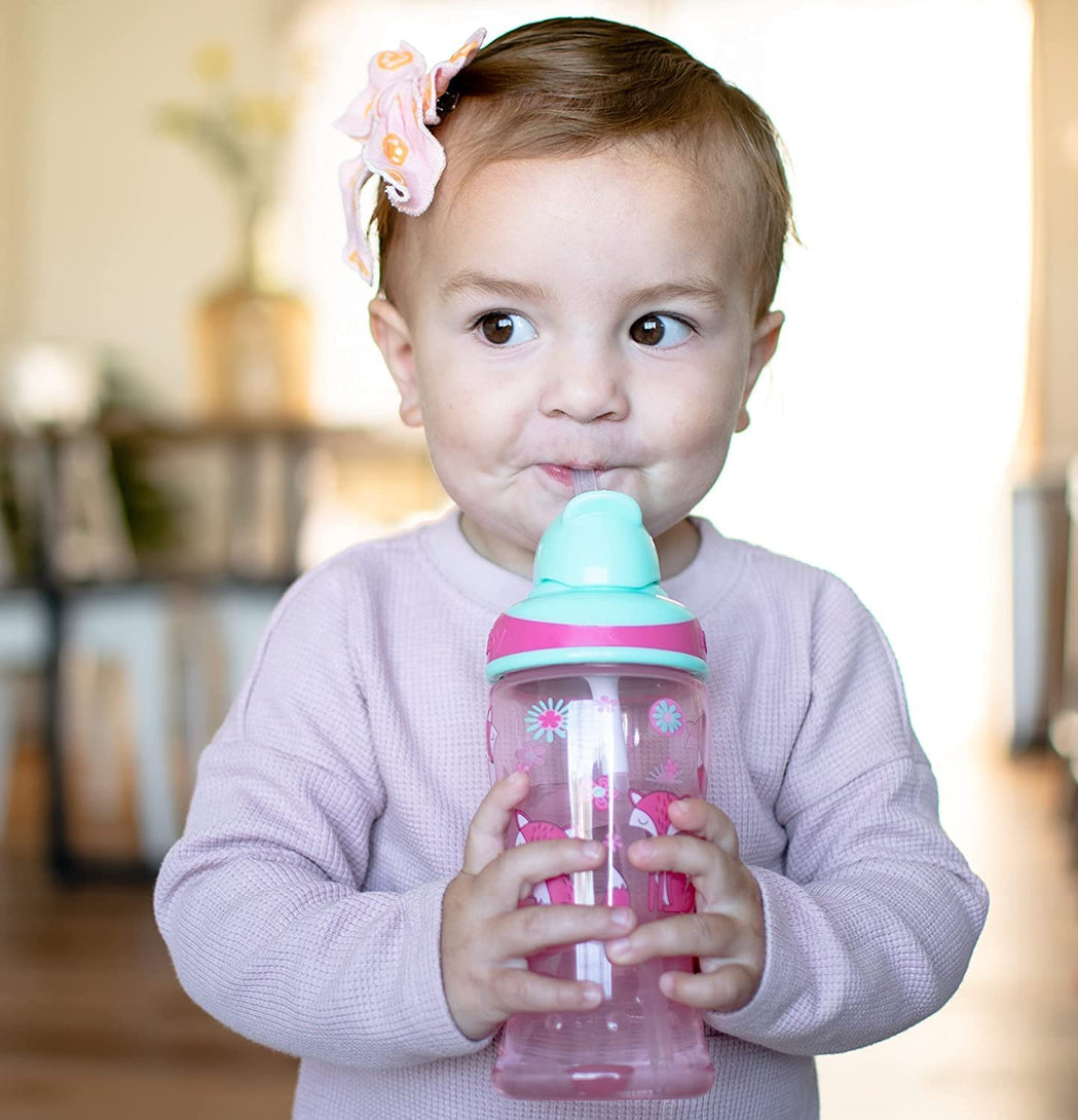 NUBY Thirsty Kids No-Spill Flip-it Printed Boost Cup with Thin Soft Straw - 12oz, 18+ Months, (fox / tigers)
