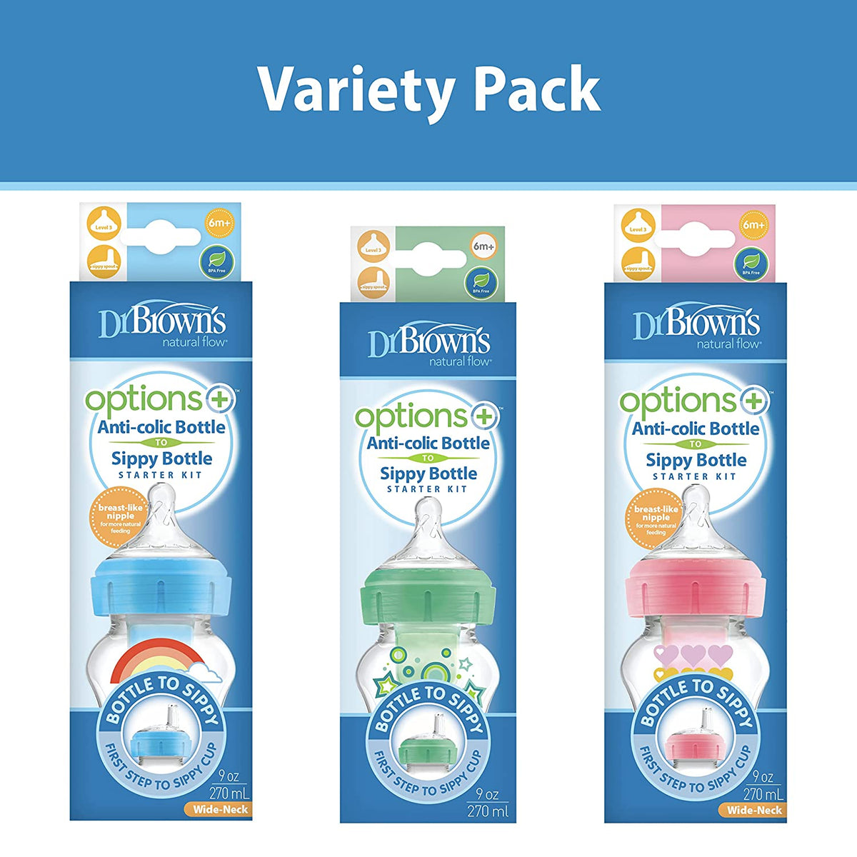 Dr. Brown's Natural Flow Anti-Colic Options+ Wide-Neck Sippy Bottle Starter Kit, 9oz/270mL, 3pack, Green Blue Pink