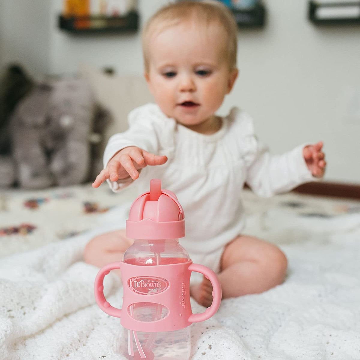 Dr. Brown's Milestones Wide-Neck Sippy Straw Bottle with Silicone Handles, 9oz, Pink, 1 Pack, 6m+