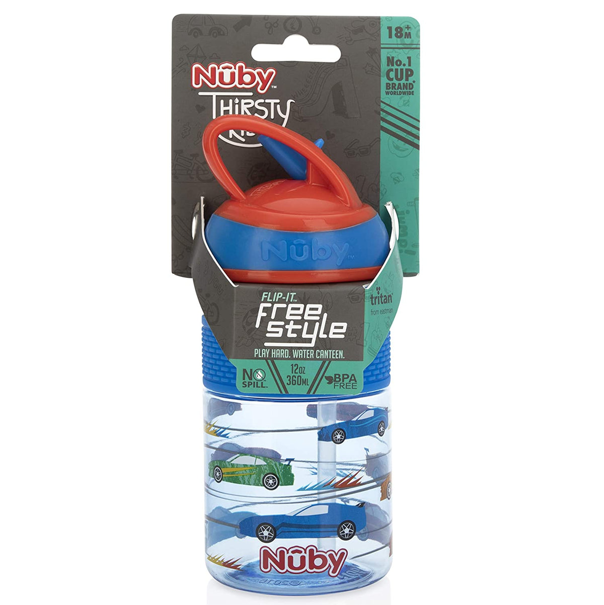 NUBY Thirsty Kids Flip-it Freestyle 12oz Water Bottle with Bite Resistant Hard Straw, Blue Cars