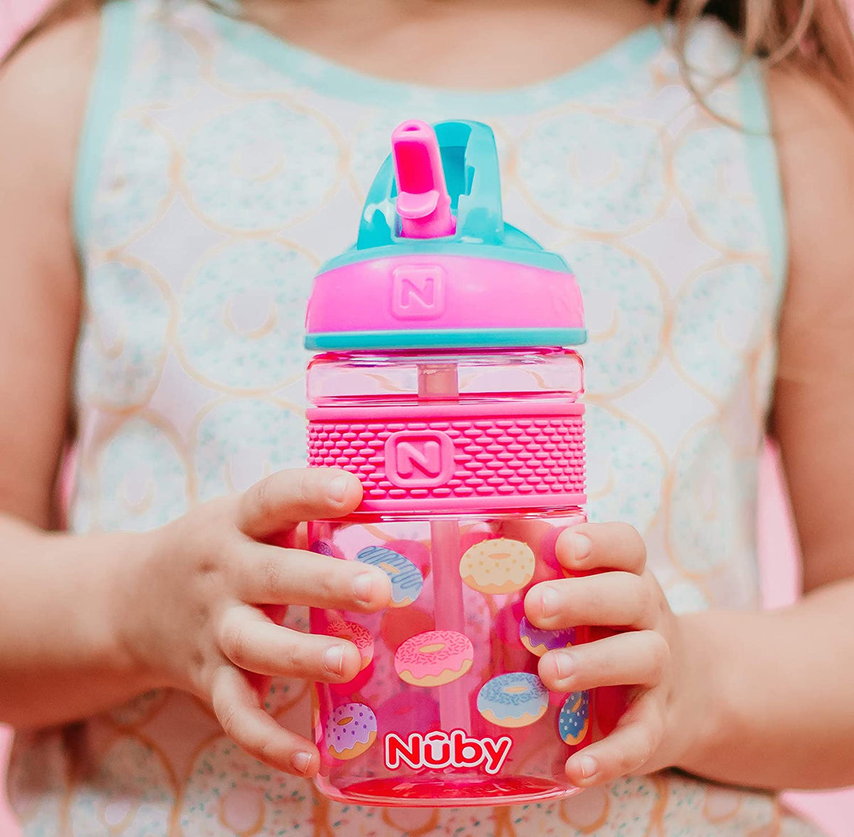Nuby Thirsty Kids Flip-it On the Go Water Bottle with Bite Resistant Hard Straw Cup, Pink Donuts, 12 Ounce