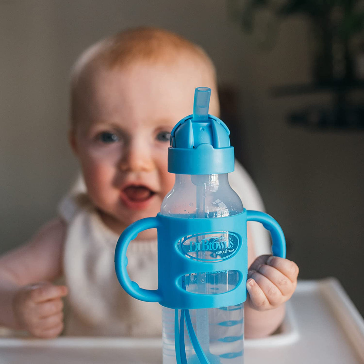 Dr. Brown's Milestones Narrow Sippy Straw Bottle with 100% Silicone Handles, 8oz/250mL, Blue, 1 Pack, 6m+