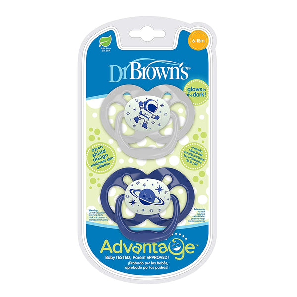 Dr. Brown's Advantage Symmetrical Pacifier with Air Flow - Blue Glow-in-the-Dark - 2-Pack - 6-18m