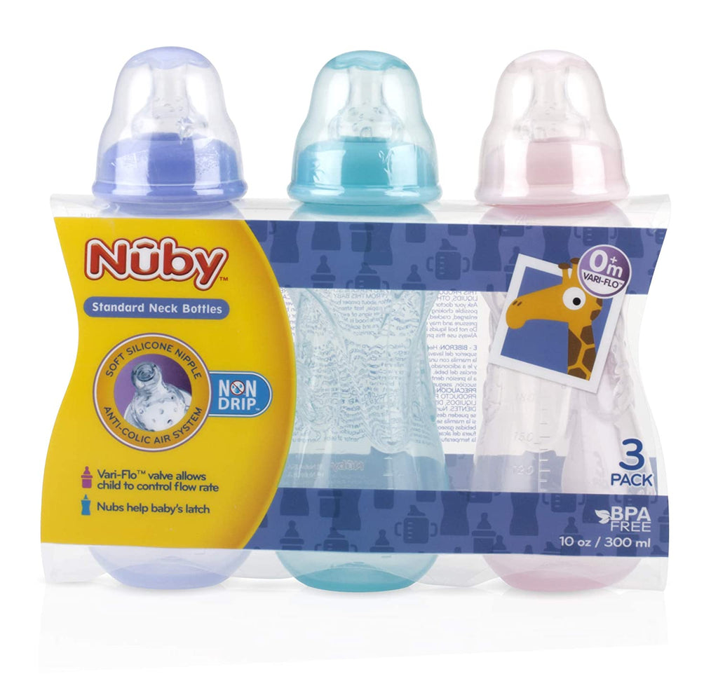 Nuby BPA FREE Non Drip Bottles, 10oz, 3 Pack, Pink/Purple/Teal