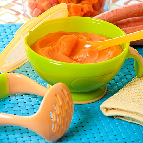 Nuby Garden Fresh Mash N' Feed Bowl with Spoon and Food Masher (Green/Orange)