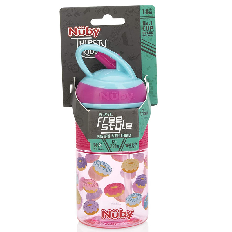 NUBY Thirsty Kids Flip-it On the Go Water Bottle with Bite Resistant Hard Straw Cup, Pink Donuts, 12oz