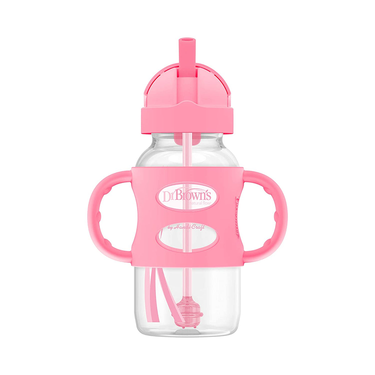 Dr. Brown's Milestones Wide-Neck Sippy Straw Bottle with Silicone Handles, 9oz, Pink, 1 Pack, 6m+