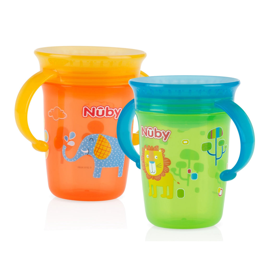 Nuby No Spill 2-Handle 360 Wonder Spoutless Trainer Sippy Cup - 2 Pack - GREEN ORANGE