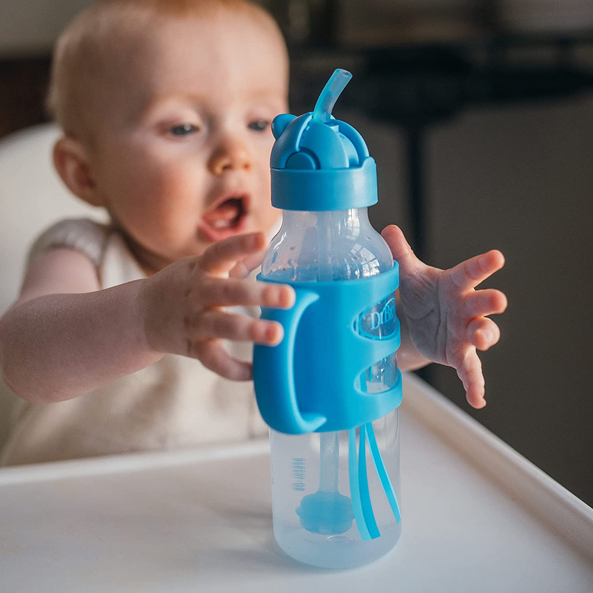 Dr. Brown's Milestones Narrow Sippy Straw Bottle with 100% Silicone Handles, 8oz/250mL, Blue, 1 Pack, 6m+