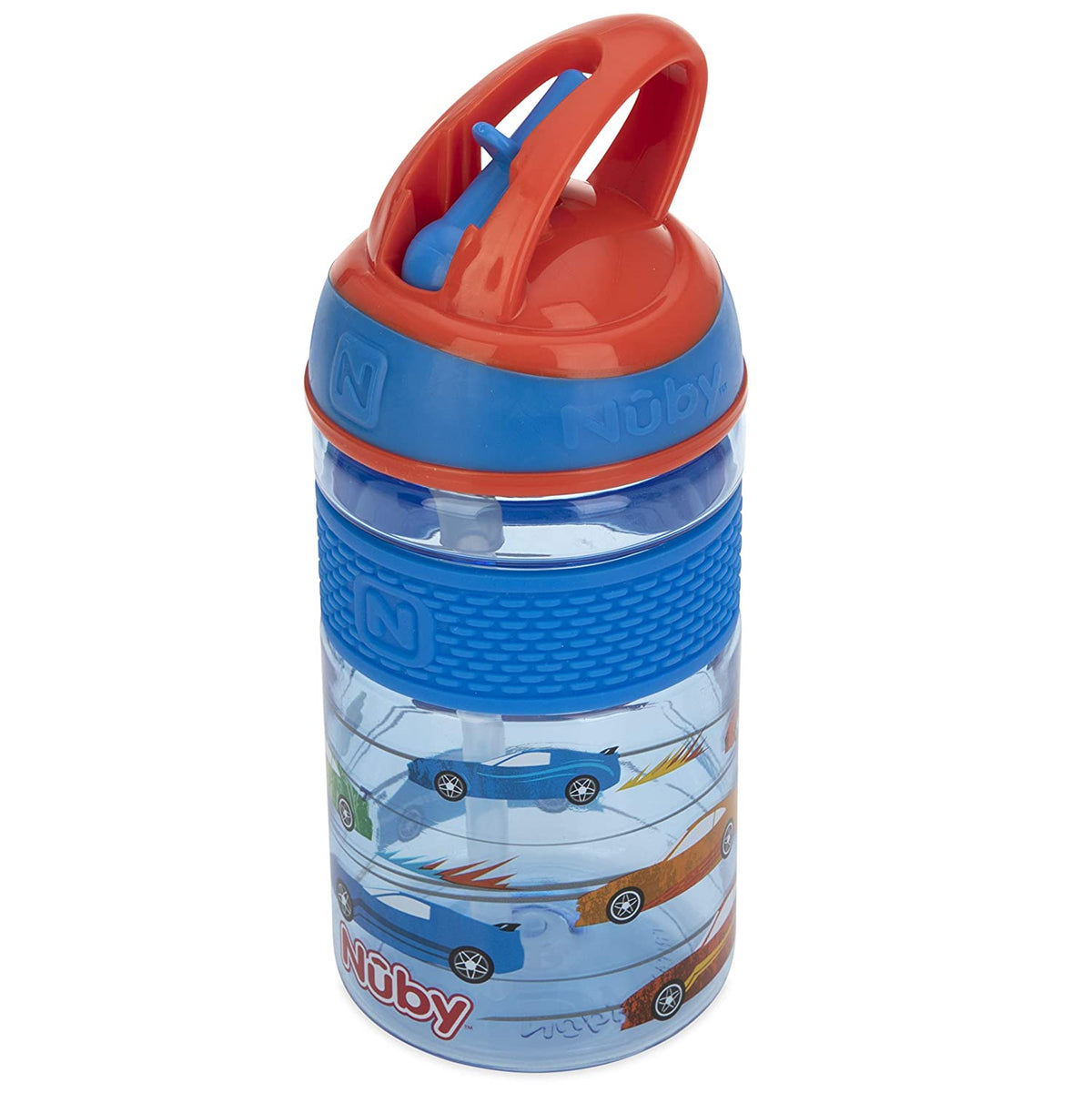 NUBY Thirsty Kids Flip-it Freestyle 12oz Water Bottle with Bite Resistant Hard Straw, Blue Cars