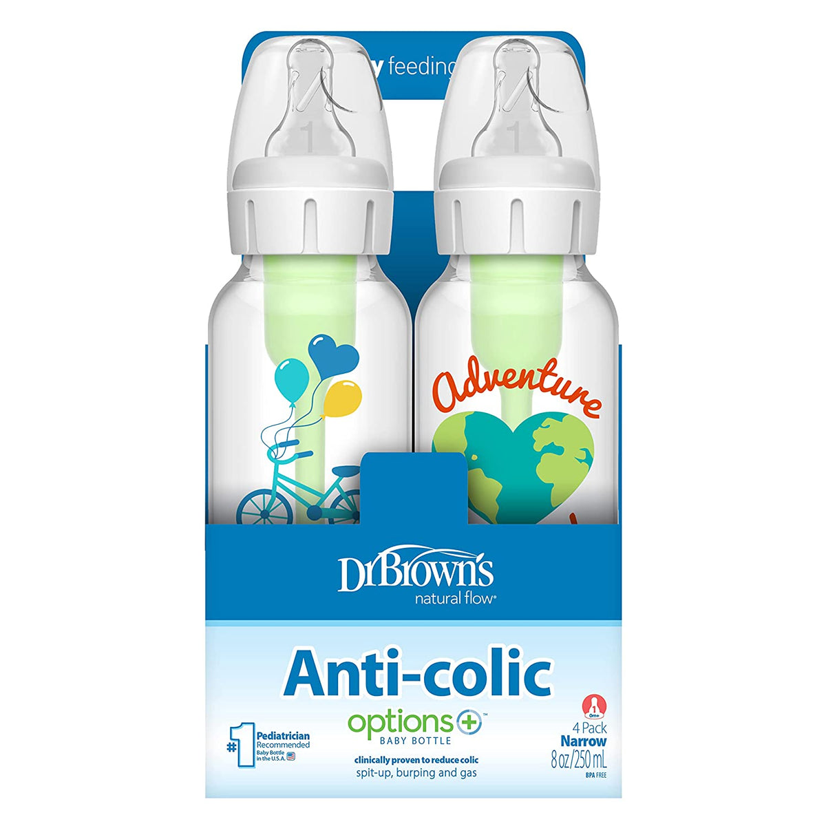 Dr. Brown's Natural Flow Anti-Colic Options+ Narrow Baby Bottles 8 oz, 4 Pack, Dream Adventure