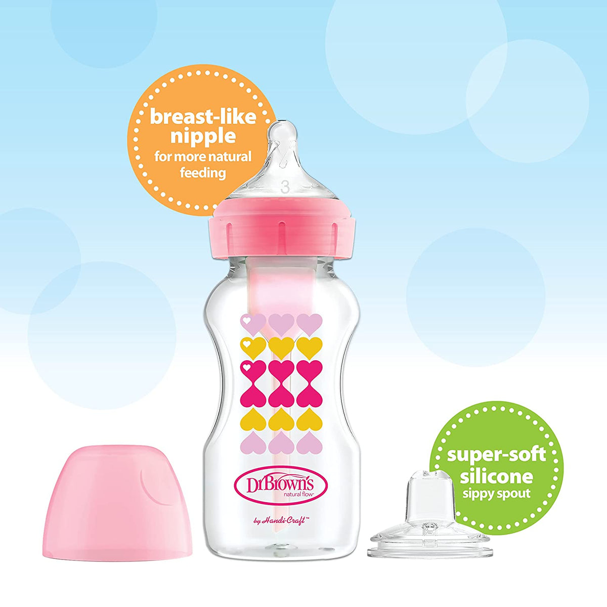 Dr. Brown's Natural Flow Anti-Colic Options+ Wide-Neck Sippy Bottle Starter Kit, 9oz/270mL, 3pack, Green Blue Pink
