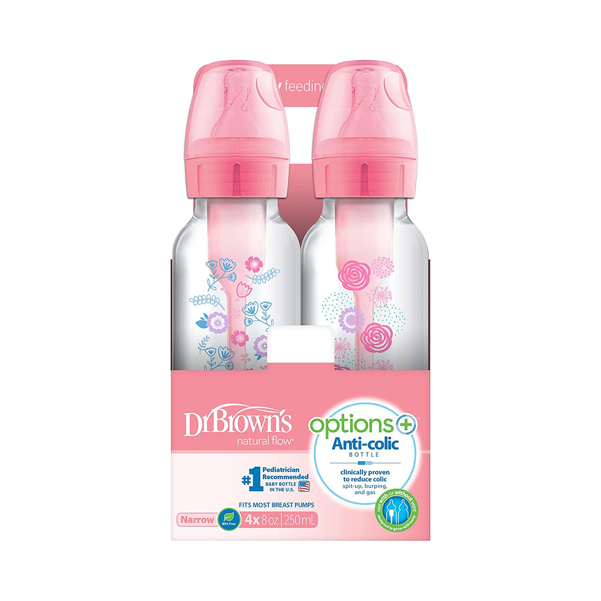 Dr. Brown's Natural Flow Anti-Colic Options+ Baby Bottles 8 oz, 4 Pack, Pink Flowers