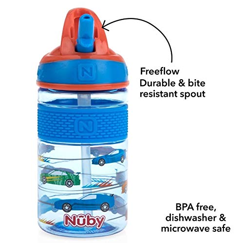 NUBY Thirsty Kids Flip-it Freestyle 12oz Water Bottle with Bite Resistant Hard Straw, Blue Cars