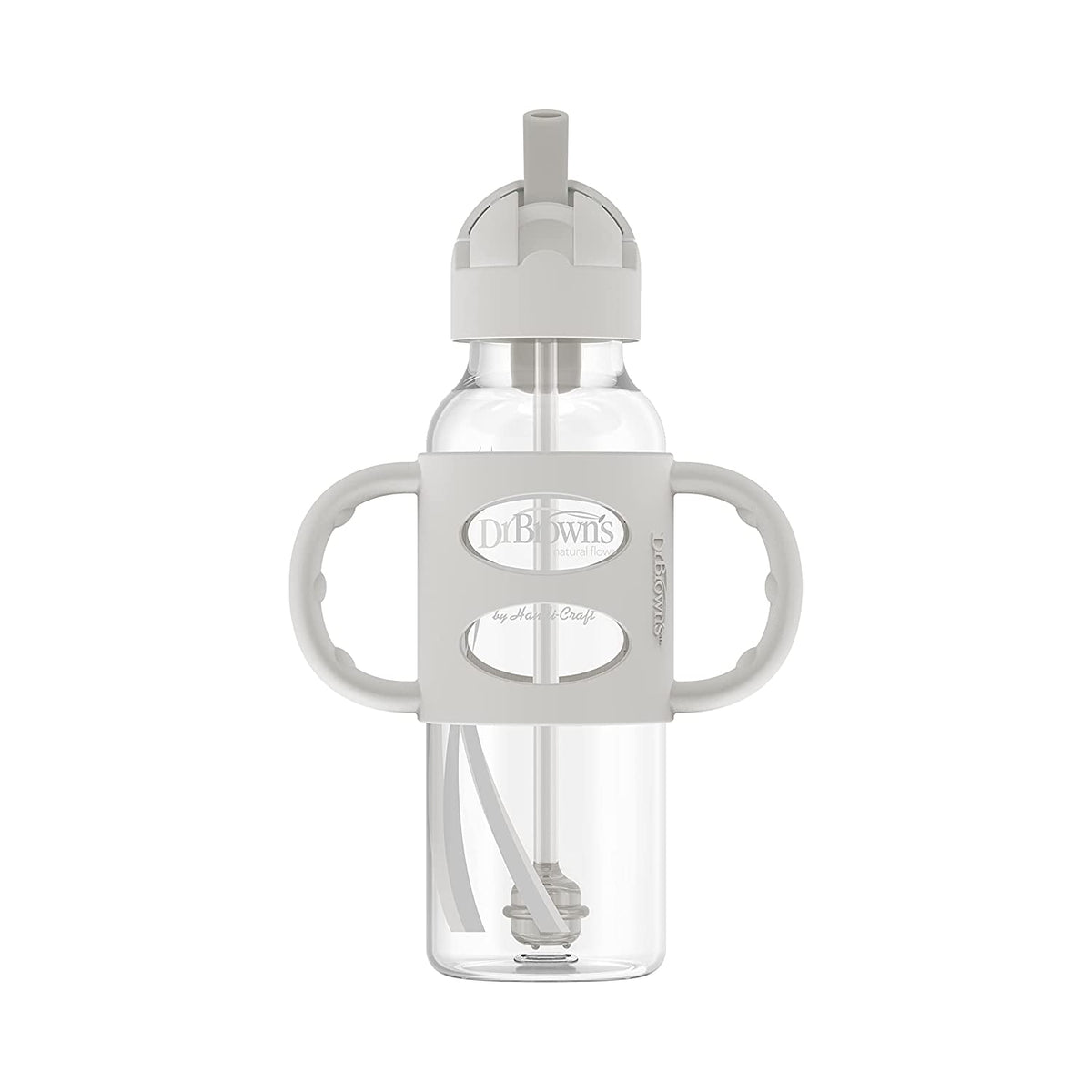 Dr. Brown's Milestones Narrow Sippy Straw Bottle with 100% Silicone Handles, 8oz/250mL, Gray & Pink, 2 Pack, 6m+